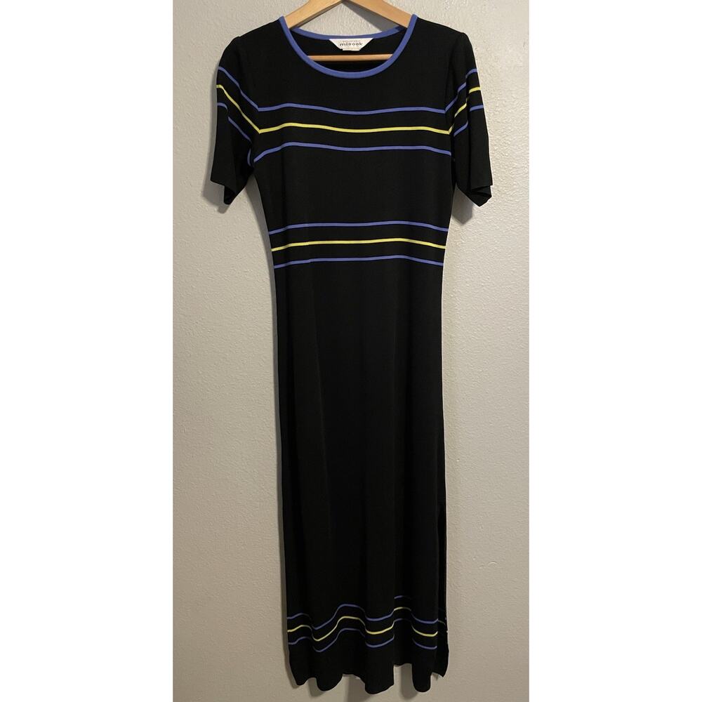 Exclusively Misook Womens Maxi Dress Small Black Striped Short Sleeve Modern